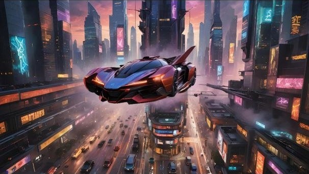 Red flying car over a future city street