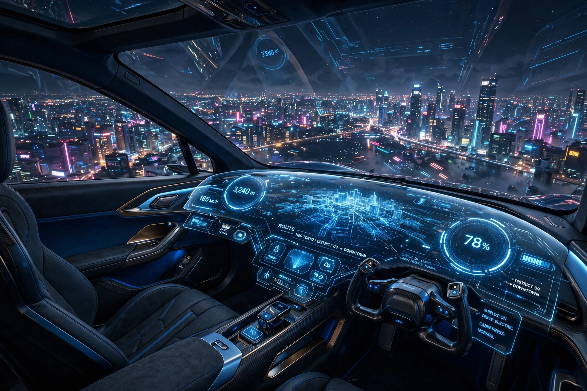 Inside the cockpit above the city