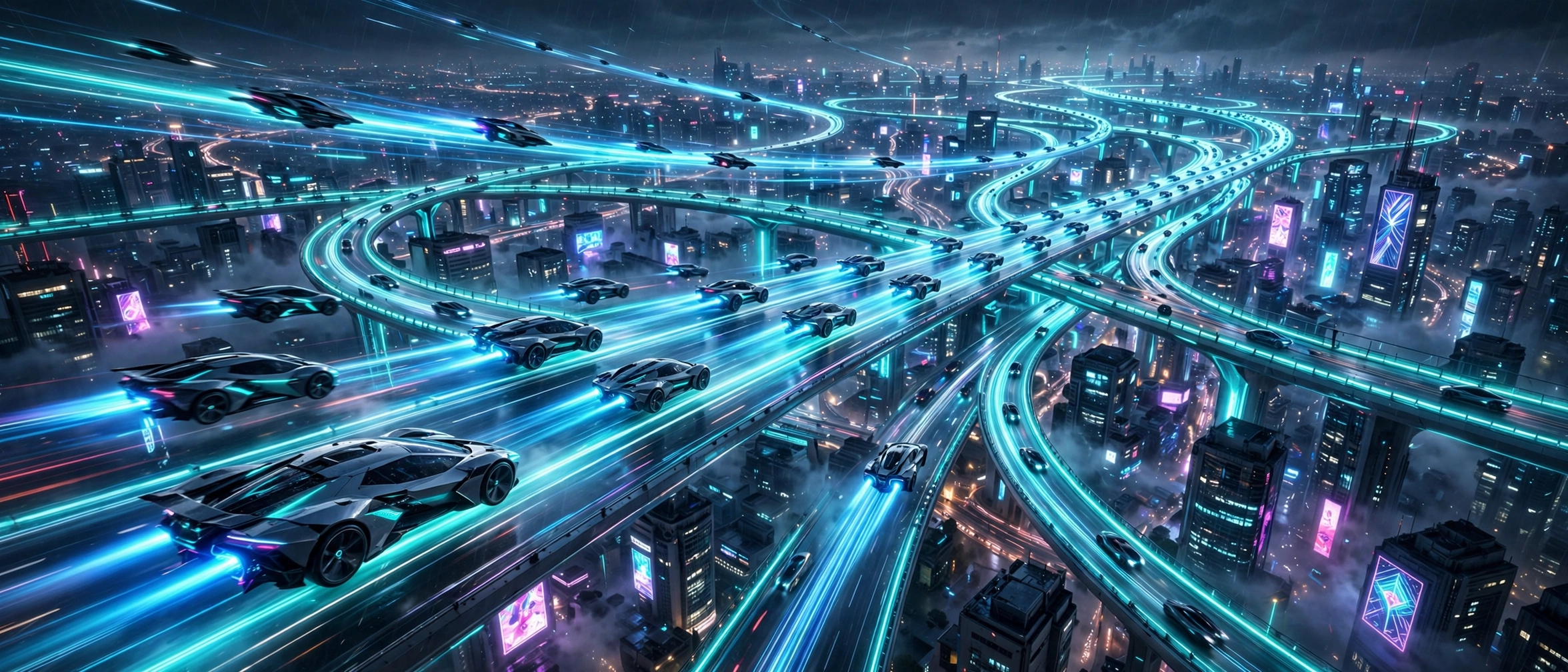 A fleet of flying cars over a neon megacity
