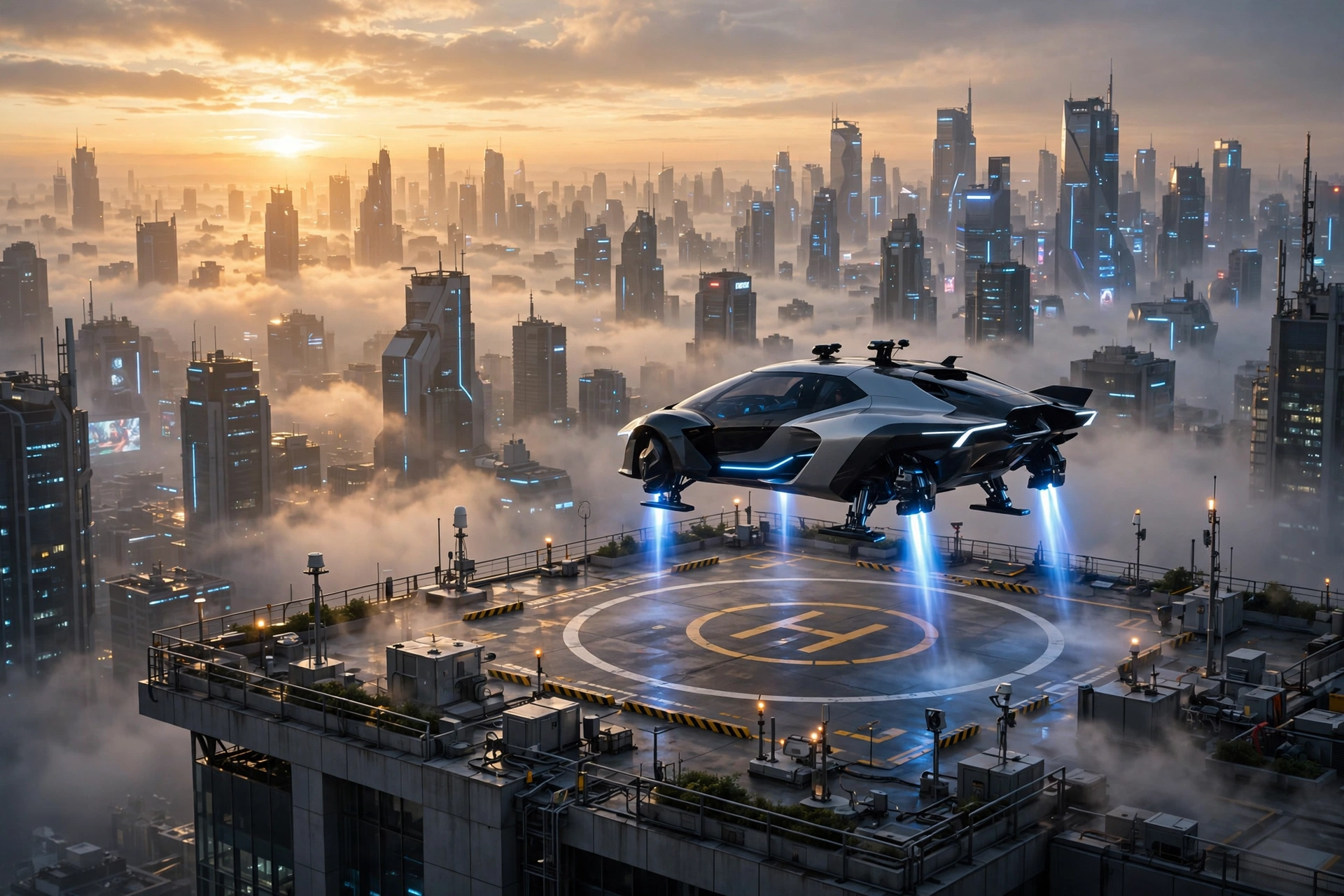 Landing on a rooftop pad at dawn